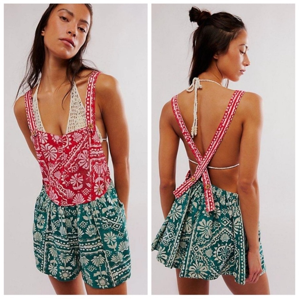 Free People Palm Bay Printed Shortalls Romper Pink / Green XS